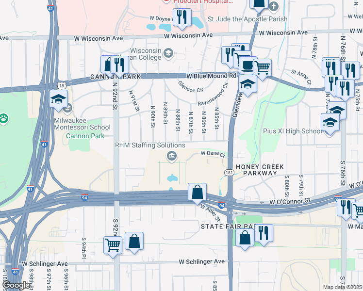 map of restaurants, bars, coffee shops, grocery stores, and more near 108 North 88th Street in Wauwatosa