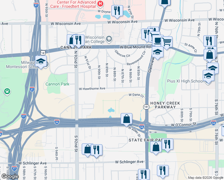 map of restaurants, bars, coffee shops, grocery stores, and more near 118 North 89th Street in Wauwatosa