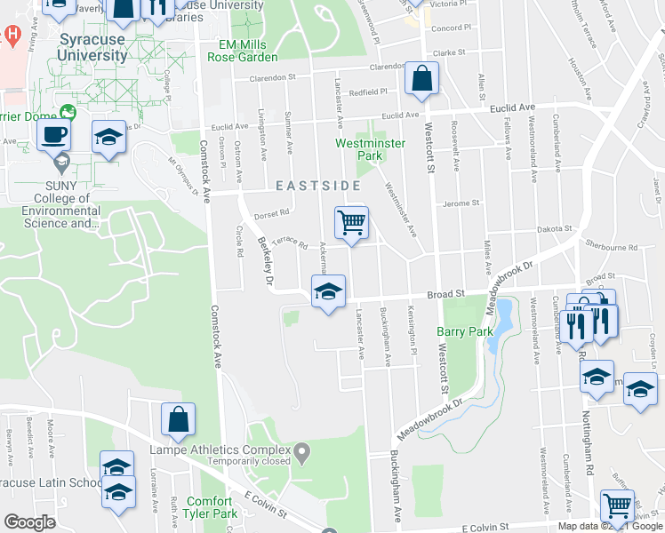 map of restaurants, bars, coffee shops, grocery stores, and more near 1021 Ackerman Avenue in Syracuse