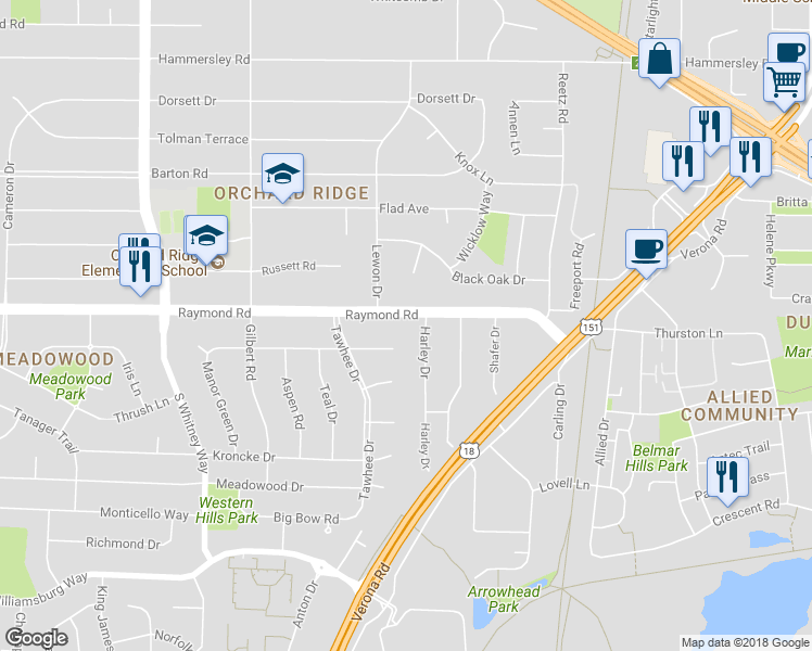 map of restaurants, bars, coffee shops, grocery stores, and more near 5111 Raymond Road in Madison