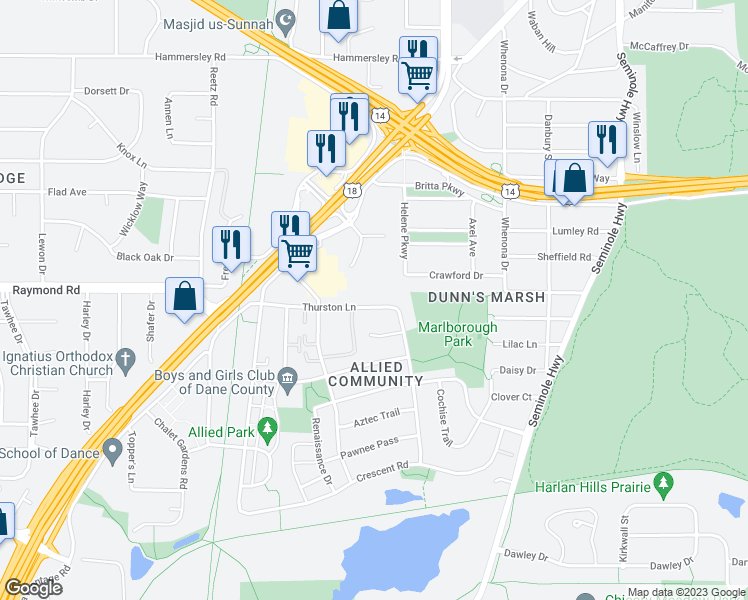 map of restaurants, bars, coffee shops, grocery stores, and more near 4516 Thurston Lane in Fitchburg