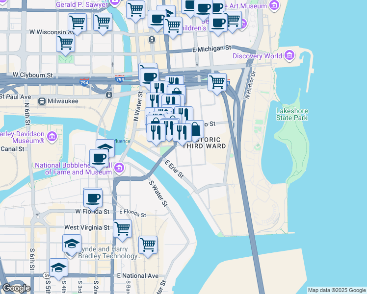 map of restaurants, bars, coffee shops, grocery stores, and more near 425 East Menomonee Street in Milwaukee