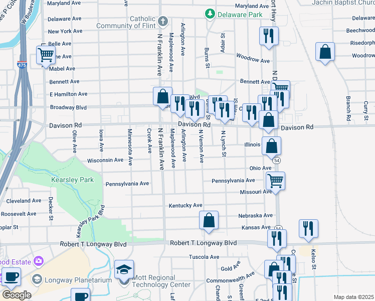 map of restaurants, bars, coffee shops, grocery stores, and more near 2115 Illinois Avenue in Flint