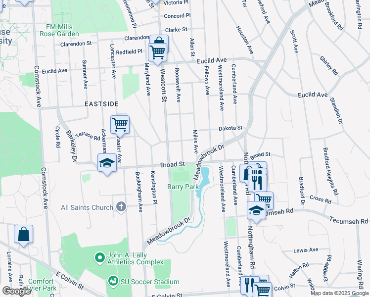 map of restaurants, bars, coffee shops, grocery stores, and more near 413 Roosevelt Avenue in Syracuse