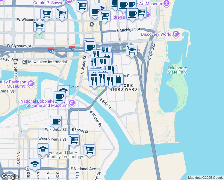 map of restaurants, bars, coffee shops, grocery stores, and more near 425 East Menomonee Street in Milwaukee