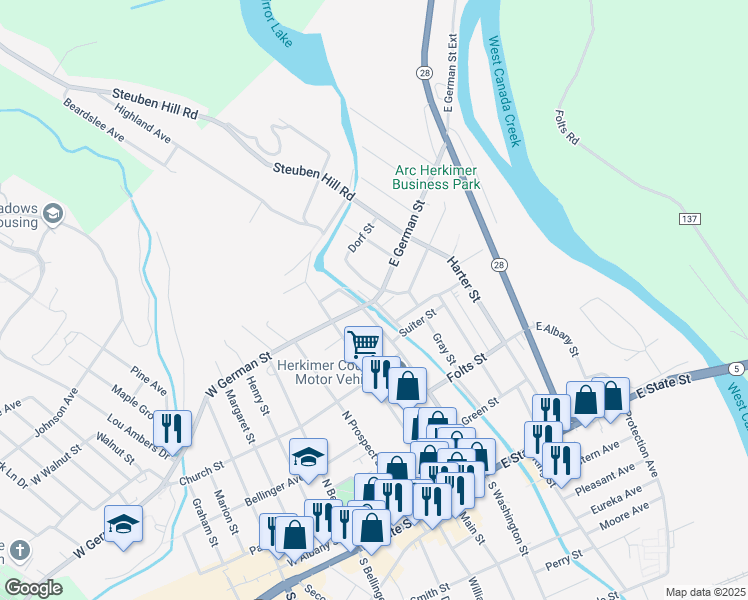 map of restaurants, bars, coffee shops, grocery stores, and more near 205 East German Street Extension in Herkimer