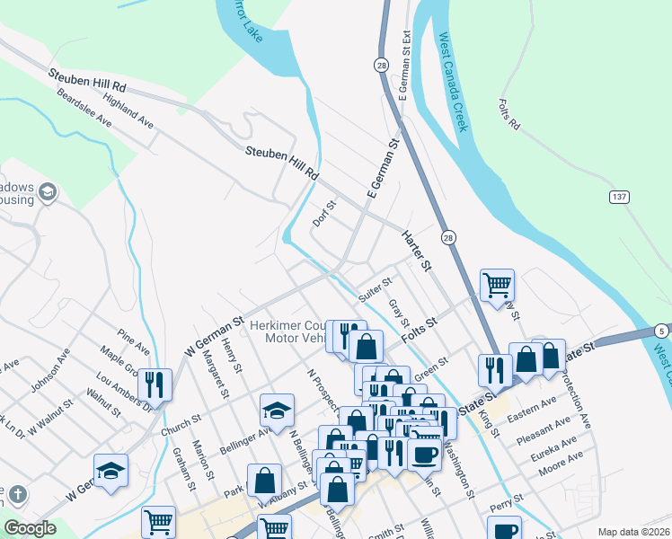 map of restaurants, bars, coffee shops, grocery stores, and more near 205 East German Street in Herkimer