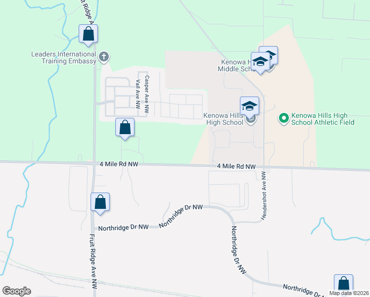 map of restaurants, bars, coffee shops, grocery stores, and more near 3505 4 Mile Road Northwest in Grand Rapids
