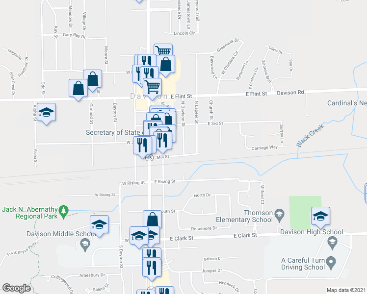 map of restaurants, bars, coffee shops, grocery stores, and more near 215 North Davison Street in Davison