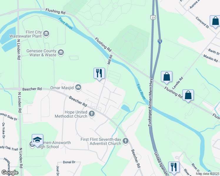 map of restaurants, bars, coffee shops, grocery stores, and more near 10 Lennington Drive in Flint