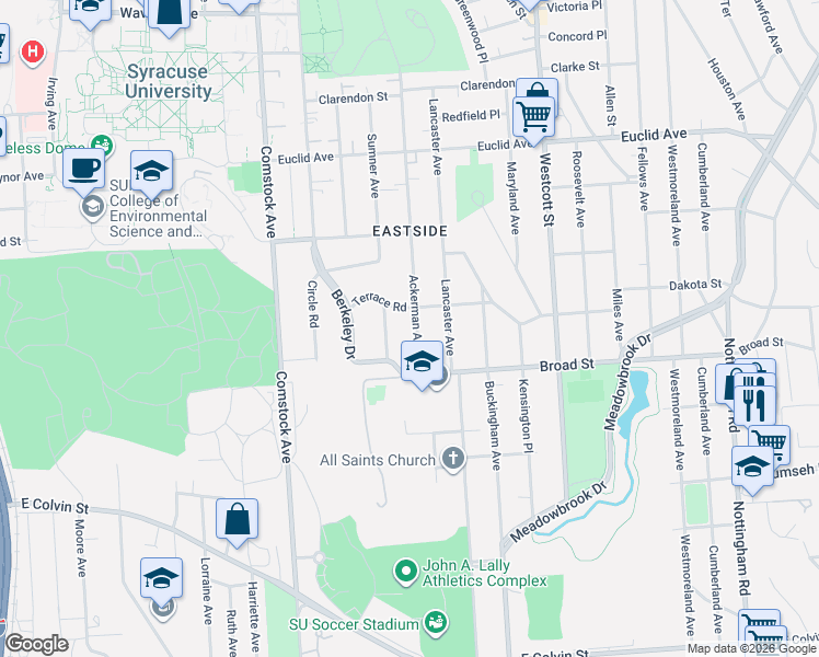 map of restaurants, bars, coffee shops, grocery stores, and more near 110 Kensington Road in Syracuse