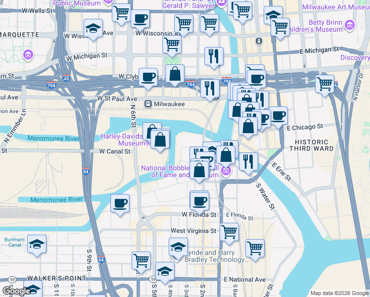 map of restaurants, bars, coffee shops, grocery stores, and more near 260 West Seeboth Street in Milwaukee
