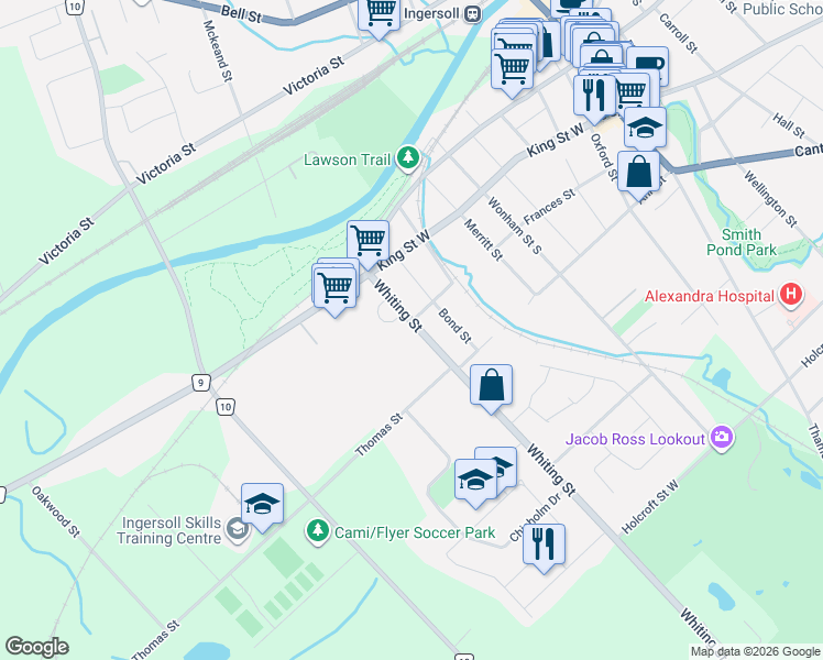 map of restaurants, bars, coffee shops, grocery stores, and more near 146 Whiting Street in Ingersoll