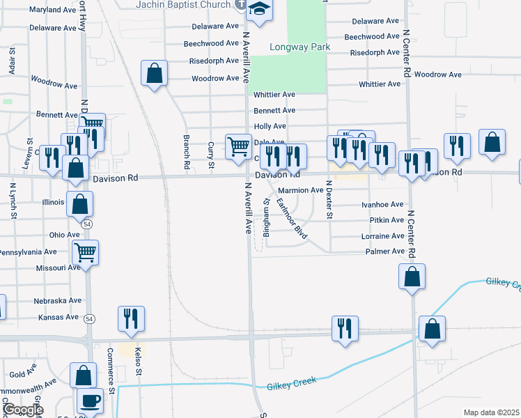map of restaurants, bars, coffee shops, grocery stores, and more near 1705 Bingham Street in Flint