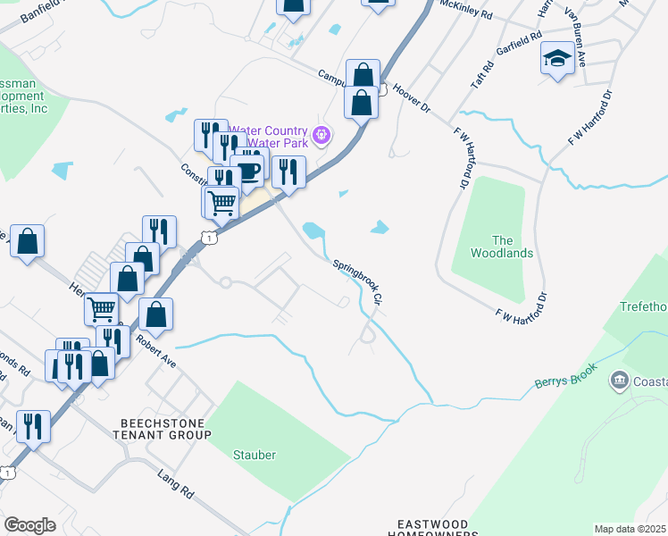 map of restaurants, bars, coffee shops, grocery stores, and more near 505 Spring Brook Circle in Portsmouth