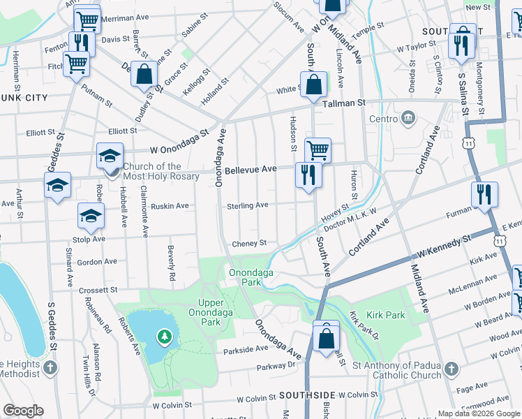 map of restaurants, bars, coffee shops, grocery stores, and more near 244 Palmer Avenue in Syracuse