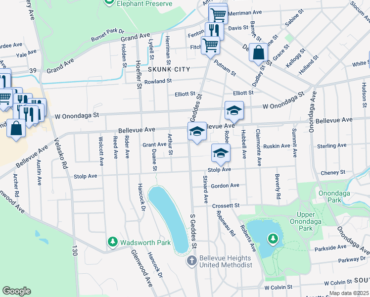 map of restaurants, bars, coffee shops, grocery stores, and more near 316 Grant Avenue in Syracuse
