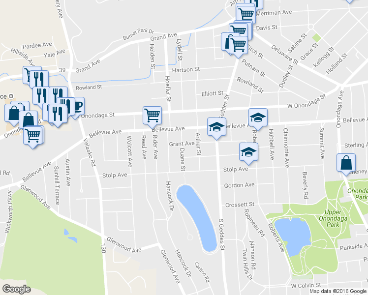 map of restaurants, bars, coffee shops, grocery stores, and more near 412 Grant Avenue in Syracuse