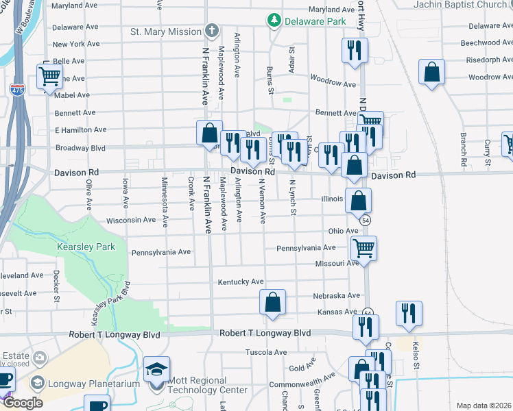 map of restaurants, bars, coffee shops, grocery stores, and more near 2115 Illinois Avenue in Flint