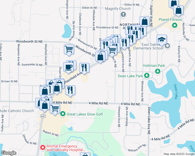 map of restaurants, bars, coffee shops, grocery stores, and more near 3740 Richton Avenue Northeast in Grand Rapids