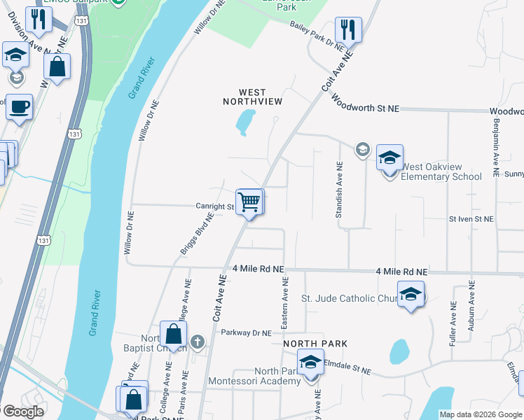 map of restaurants, bars, coffee shops, grocery stores, and more near 3750 Coit Avenue Northeast in Grand Rapids