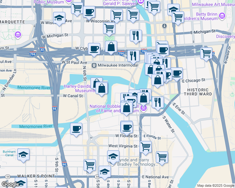 map of restaurants, bars, coffee shops, grocery stores, and more near 101 South 2nd Street in Milwaukee