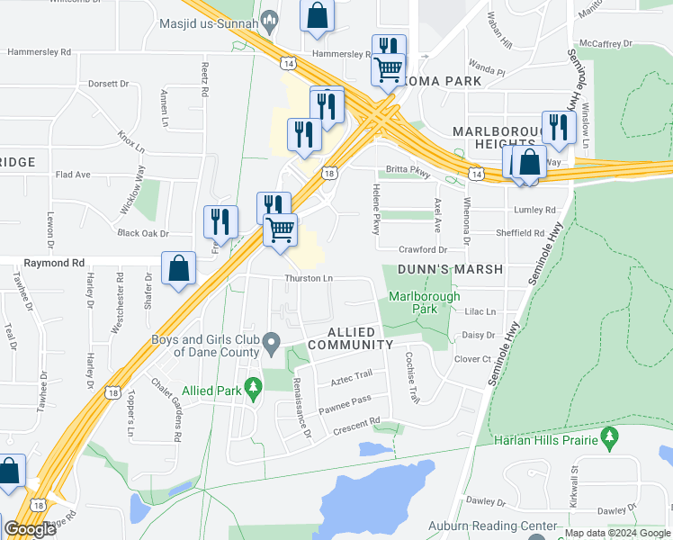 map of restaurants, bars, coffee shops, grocery stores, and more near 4649 Verona Road in Madison