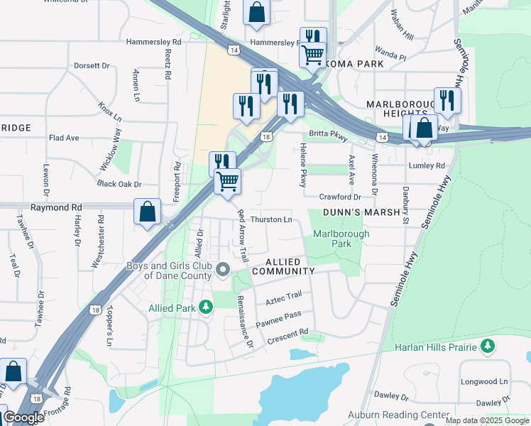 map of restaurants, bars, coffee shops, grocery stores, and more near 4649 Verona Road in Madison