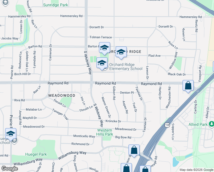 map of restaurants, bars, coffee shops, grocery stores, and more near 5514 Raymond Road in Madison
