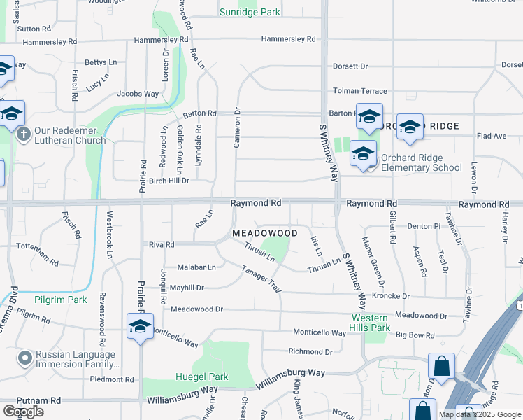 map of restaurants, bars, coffee shops, grocery stores, and more near 5806 Raymond Road in Madison