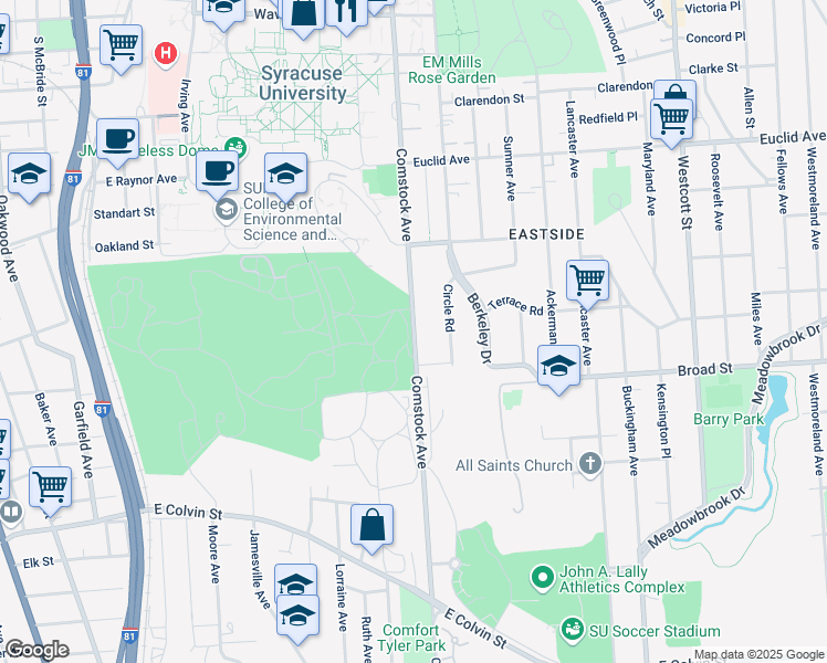 map of restaurants, bars, coffee shops, grocery stores, and more near Comstock Avenue in Syracuse