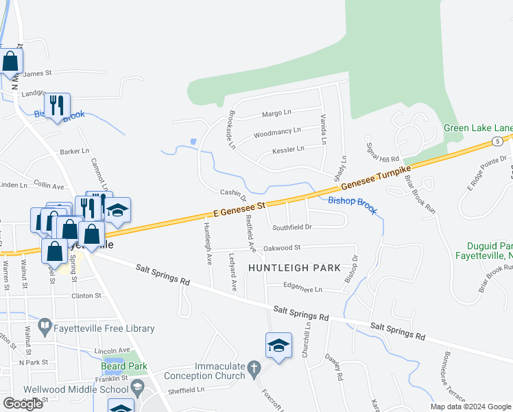 map of restaurants, bars, coffee shops, grocery stores, and more near 701 East Genesee Street in Fayetteville