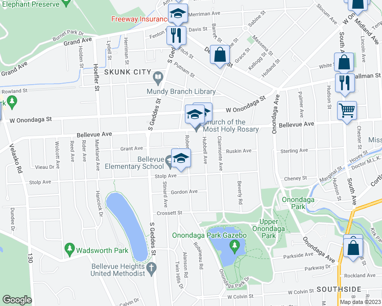 map of restaurants, bars, coffee shops, grocery stores, and more near 201299 Grandview Avenue in Syracuse