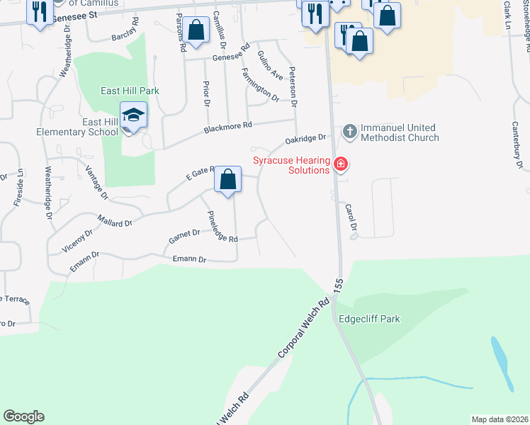 map of restaurants, bars, coffee shops, grocery stores, and more near 411 Oakridge Drive in Camillus