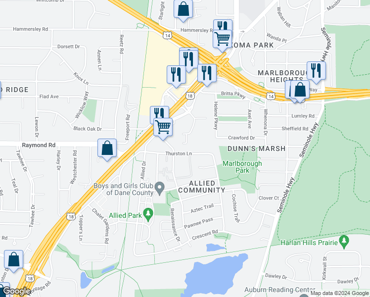 map of restaurants, bars, coffee shops, grocery stores, and more near 4542 Thurston Lane in Fitchburg