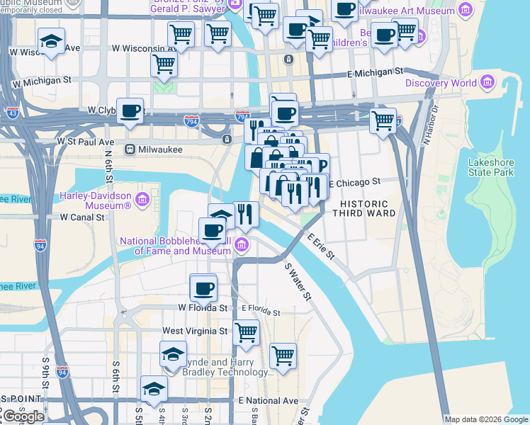 map of restaurants, bars, coffee shops, grocery stores, and more near 219 East Erie Street in Milwaukee
