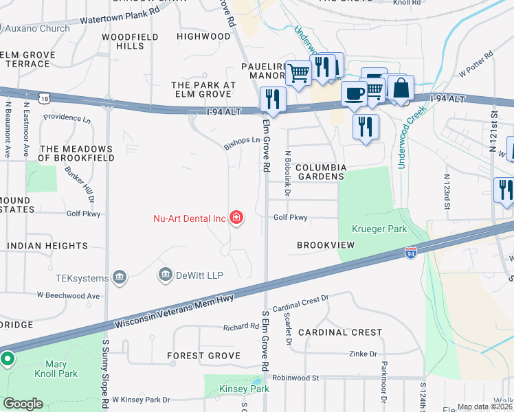 map of restaurants, bars, coffee shops, grocery stores, and more near 180 Elm Grove Road in Brookfield