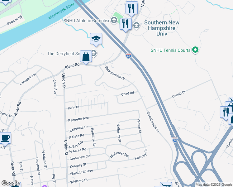 map of restaurants, bars, coffee shops, grocery stores, and more near 131 Chad Road in Manchester