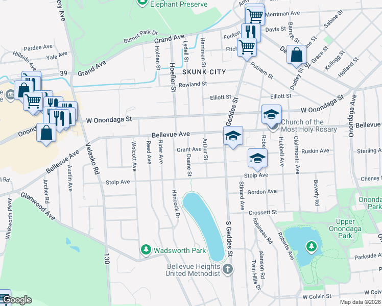 map of restaurants, bars, coffee shops, grocery stores, and more near 429 Grant Avenue in Syracuse