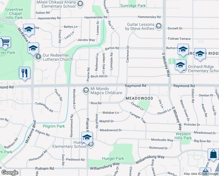 map of restaurants, bars, coffee shops, grocery stores, and more near 6014 Raymond Road in Madison