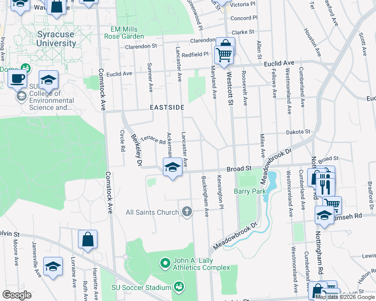 map of restaurants, bars, coffee shops, grocery stores, and more near 1017 Lancaster Avenue in Syracuse