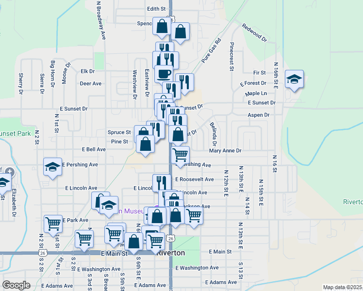 map of restaurants, bars, coffee shops, grocery stores, and more near 813 North Federal Boulevard in Riverton