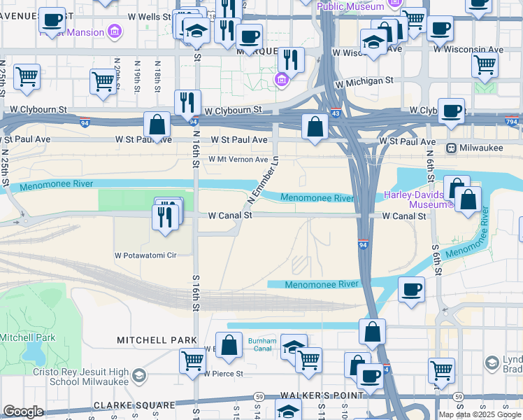 map of restaurants, bars, coffee shops, grocery stores, and more near 1300 Hank Aaron State Trail in Milwaukee