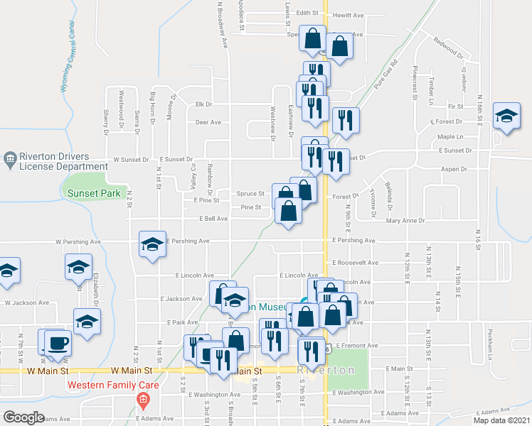 map of restaurants, bars, coffee shops, grocery stores, and more near 430 East Pine Street in Riverton