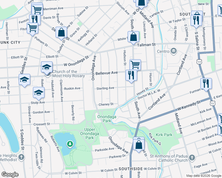 map of restaurants, bars, coffee shops, grocery stores, and more near 244 Palmer Avenue in Syracuse