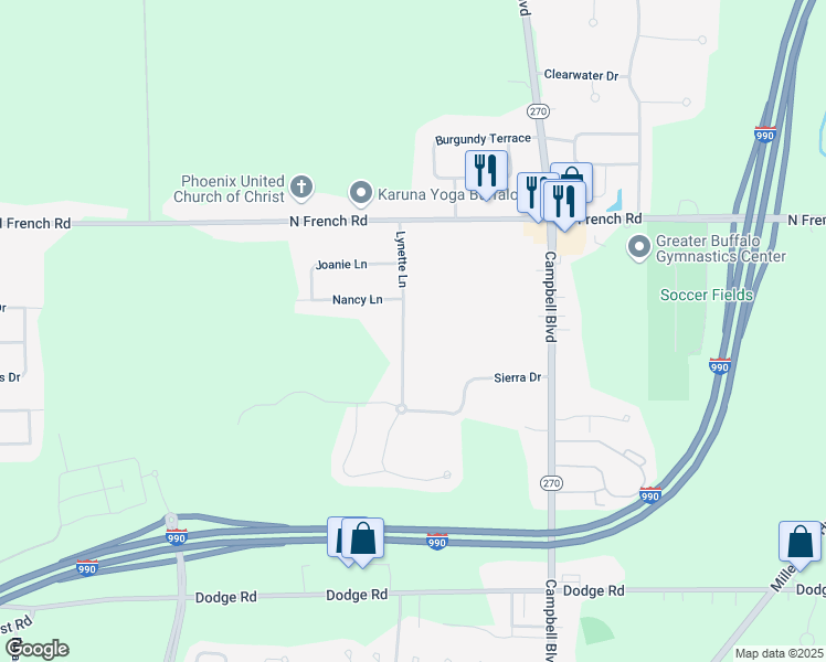 map of restaurants, bars, coffee shops, grocery stores, and more near 88 Lynette Lane in Buffalo