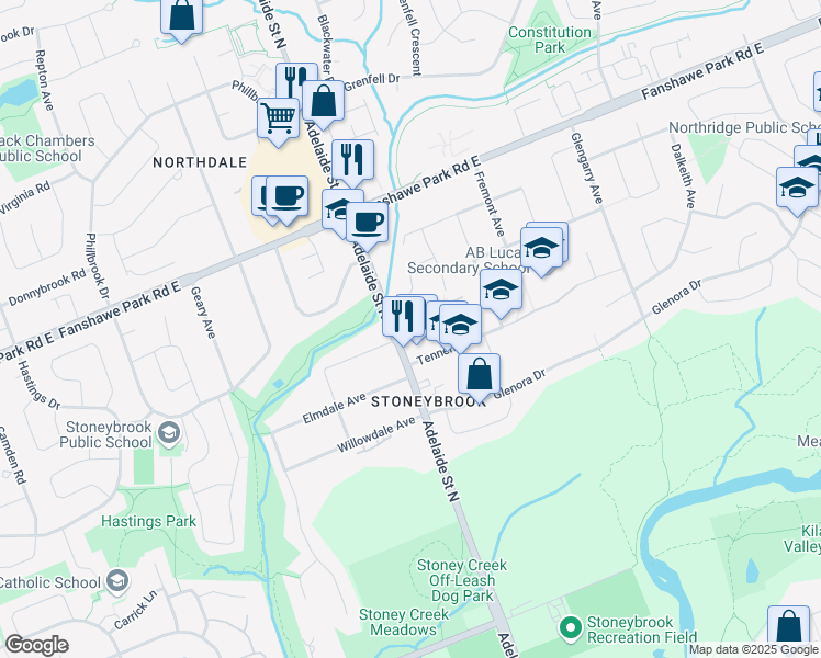 map of restaurants, bars, coffee shops, grocery stores, and more near 24-1478 Adelaide Street North in London