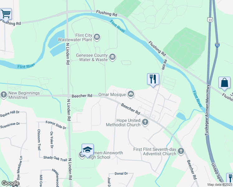 map of restaurants, bars, coffee shops, grocery stores, and more near 4606 Beecher Road in Flint