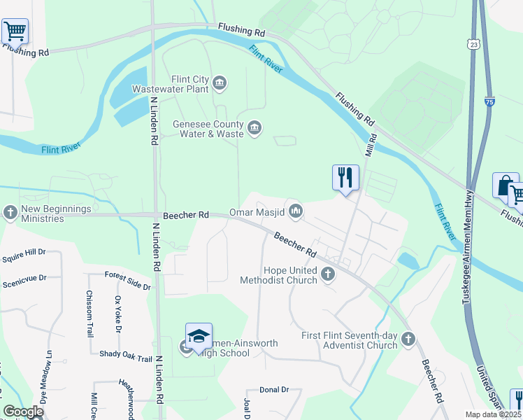 map of restaurants, bars, coffee shops, grocery stores, and more near in Flint Township