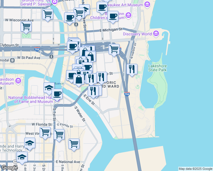 map of restaurants, bars, coffee shops, grocery stores, and more near in Milwaukee